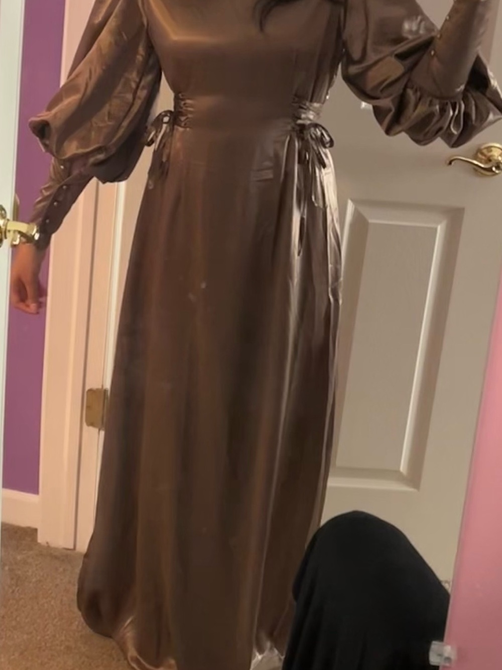 Satin Balloon Sleeve Maxi Dress in Brown